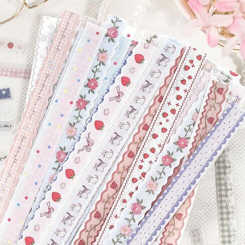 160Pcs Long Lace Border Stickers for Scrapbooking Junk Journal Supplies Long Strip Scrapbook Stickers with Bow Cat Star Strawberry Flower Sticker Vintage Lace Sticker for Planner Frame Decorative in Saudi Arabia