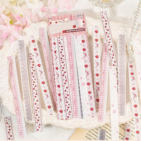 160Pcs Long Lace Border Stickers for Scrapbooking Junk Journal Supplies Long Strip Scrapbook Stickers with Bow Cat Star Strawberry Flower Sticker Vintage Lace Sticker for Planner Frame Decorative in Saudi Arabia