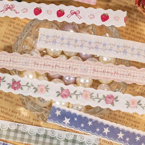 160Pcs Long Lace Border Stickers for Scrapbooking Junk Journal Supplies Long Strip Scrapbook Stickers with Bow Cat Star Strawberry Flower Sticker Vintage Lace Sticker for Planner Frame Decorative in Saudi Arabia