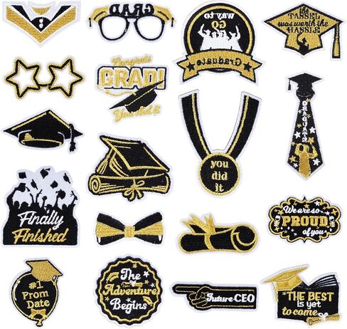Lystaii 18Pcs Graduation Embroidered Patches Congrats Grad Iron on Patches Sew on Applique Decorative Celebrate Graduation with Style Emblem Gifts DIY Crafts for Graduation Gown Uniform Hats T-Shirt in Kuwait