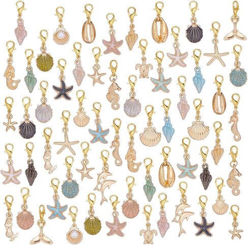 62Pcs Ocean Theme Charms 31 Style Shell Conch Starfish Fishtail Clip on Charms with Lobster Clasp Dangle Pendants for DIY Keychain Bracelet Purse Jewelry Making Stitch Marker Zipper Pull in Kuwait