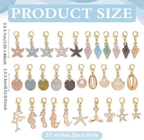 62Pcs Ocean Theme Charms 31 Style Shell Conch Starfish Fishtail Clip on Charms with Lobster Clasp Dangle Pendants for DIY Keychain Bracelet Purse Jewelry Making Stitch Marker Zipper Pull in Kuwait