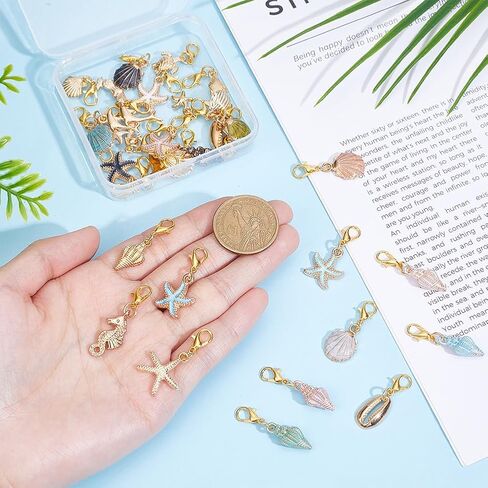 62Pcs Ocean Theme Charms 31 Style Shell Conch Starfish Fishtail Clip on Charms with Lobster Clasp Dangle Pendants for DIY Keychain Bracelet Purse Jewelry Making Stitch Marker Zipper Pull in Kuwait