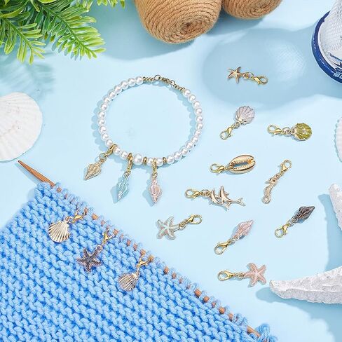 62Pcs Ocean Theme Charms 31 Style Shell Conch Starfish Fishtail Clip on Charms with Lobster Clasp Dangle Pendants for DIY Keychain Bracelet Purse Jewelry Making Stitch Marker Zipper Pull in Kuwait