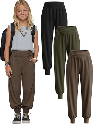 3 Pack Girls' Lounge Yoga Pants with Pockets High Waisted Joggers Workout Running Sweatpants Kids Athletic Bottoms in Saudi Arabia