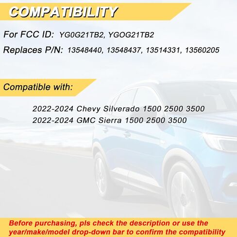 Vurkcy Key Fob Replacement for 2022-2024 Chevy Silverado GMC Sierra 1500 2500 3500 Car Keyless Entry Remote Control, YG0G21TB2 YGOG21TB2, 5 Buttons in Kuwait