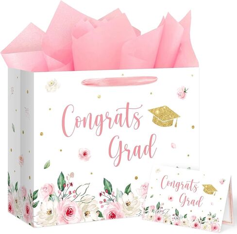 Aysimple 13" Large Graduation Gift Bag with Tissue Paper and Greeting Card Congrats Grad Present Bag for Her Pink Flower Gift Party Favor Bags for Girls Female Women Graduation Party Supplies 1Pcs in Saudi Arabia