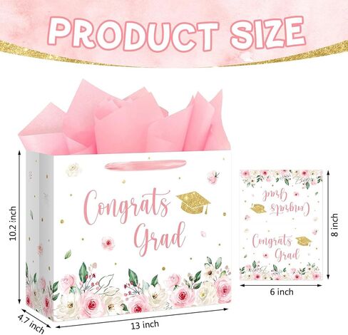 Aysimple 13" Large Graduation Gift Bag with Tissue Paper and Greeting Card Congrats Grad Present Bag for Her Pink Flower Gift Party Favor Bags for Girls Female Women Graduation Party Supplies 1Pcs in Saudi Arabia