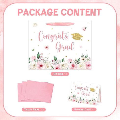 Aysimple 13" Large Graduation Gift Bag with Tissue Paper and Greeting Card Congrats Grad Present Bag for Her Pink Flower Gift Party Favor Bags for Girls Female Women Graduation Party Supplies 1Pcs in Saudi Arabia
