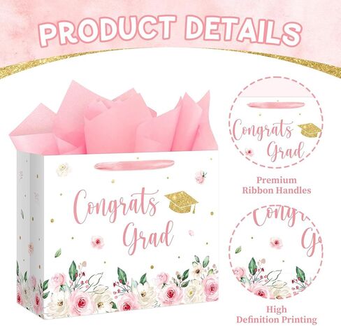 Aysimple 13" Large Graduation Gift Bag with Tissue Paper and Greeting Card Congrats Grad Present Bag for Her Pink Flower Gift Party Favor Bags for Girls Female Women Graduation Party Supplies 1Pcs in Saudi Arabia