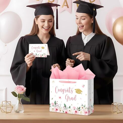 Aysimple 13" Large Graduation Gift Bag with Tissue Paper and Greeting Card Congrats Grad Present Bag for Her Pink Flower Gift Party Favor Bags for Girls Female Women Graduation Party Supplies 1Pcs in Saudi Arabia