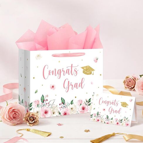 Aysimple 13" Large Graduation Gift Bag with Tissue Paper and Greeting Card Congrats Grad Present Bag for Her Pink Flower Gift Party Favor Bags for Girls Female Women Graduation Party Supplies 1Pcs in Saudi Arabia