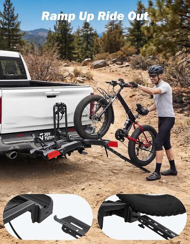 رف دراجة JOYTUTUS Hitch EBike مع منحدر لدراجتين إلكترونيتين، حامل دراجة كهربائية بسعة 200 رطل للسيارات وسيارات الدفع الرباعي، حامل منصة حامل دراجة قابل للطي سهل الإمالة لجهاز استقبال 2 بوصة، يناسب ما يصل إلى 5 بوصات من الإطارات الدهنية in Kuwait