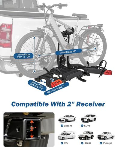 رف دراجة JOYTUTUS Hitch EBike مع منحدر لدراجتين إلكترونيتين، حامل دراجة كهربائية بسعة 200 رطل للسيارات وسيارات الدفع الرباعي، حامل منصة حامل دراجة قابل للطي سهل الإمالة لجهاز استقبال 2 بوصة، يناسب ما يصل إلى 5 بوصات من الإطارات الدهنية in Kuwait