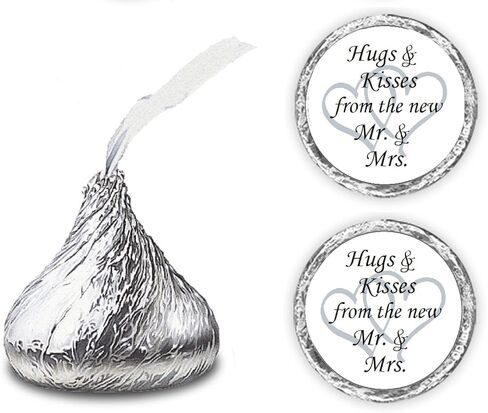 324 Hugs and Kisses from the new Mr. & Mrs. with Interlocking Hearts Wedding Stickers, Chocolate Drops Labels for Bridal Shower Engagement Party Decorations, Kiss Favors Decor. Made in USA (Silver) in Kuwait