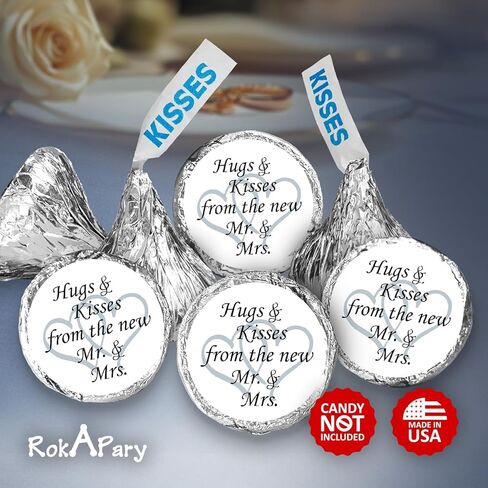 324 Hugs and Kisses from the new Mr. & Mrs. with Interlocking Hearts Wedding Stickers, Chocolate Drops Labels for Bridal Shower Engagement Party Decorations, Kiss Favors Decor. Made in USA (Silver) in Kuwait