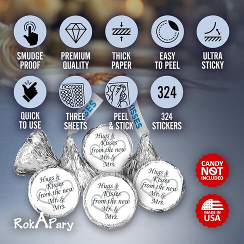 324 Hugs and Kisses from the new Mr. & Mrs. with Interlocking Hearts Wedding Stickers, Chocolate Drops Labels for Bridal Shower Engagement Party Decorations, Kiss Favors Decor. Made in USA (Silver) in Kuwait