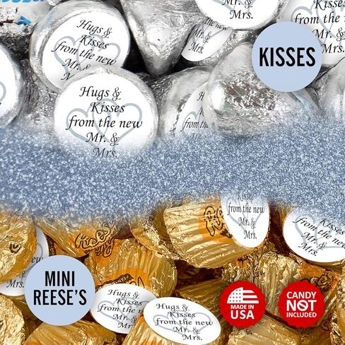 324 Hugs and Kisses from the new Mr. & Mrs. with Interlocking Hearts Wedding Stickers, Chocolate Drops Labels for Bridal Shower Engagement Party Decorations, Kiss Favors Decor. Made in USA (Silver) in Kuwait