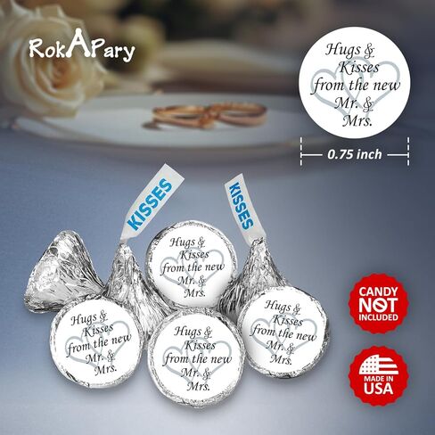 324 Hugs and Kisses from the new Mr. & Mrs. with Interlocking Hearts Wedding Stickers, Chocolate Drops Labels for Bridal Shower Engagement Party Decorations, Kiss Favors Decor. Made in USA (Silver) in Kuwait