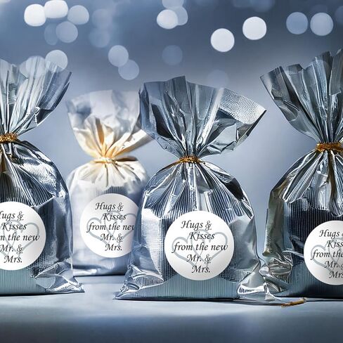 324 Hugs and Kisses from the new Mr. & Mrs. with Interlocking Hearts Wedding Stickers, Chocolate Drops Labels for Bridal Shower Engagement Party Decorations, Kiss Favors Decor. Made in USA (Silver) in Kuwait