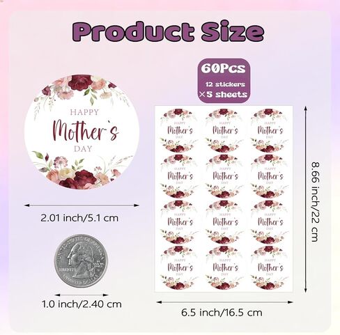 60Pcs Happy Mothers Day Stickers, 2" Mother's Day Envelope Seals, Self-Adhesive Mom Gift Labels with Red Floral for Mom's Birthday Card Goodie Bag Present Wrap Party Decors in Saudi Arabia
