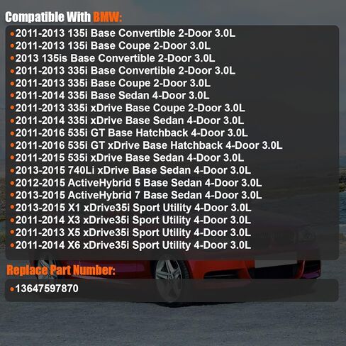 2011-2016 4 قطع من محاقن الوقود متوافقة مع BMW 135i X5 2011-2013، 135is 2013، 335i X3 X6 2011-2014، 535i 2011-2016، 740Li X1 2013-2015، ActiveHybrid 5/7 2012-2015 3.0L استبدال 13647597870 in Kuwait