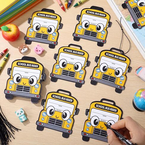 Novabright 50 Pcs Parent Pickup Child Bus Rider Backpack Tags - 3.69 x 4.25 Inch Write-in Child Safe School Dismissal Bus Shaped Tags with Elastic Bands for School, Daycares in Kuwait