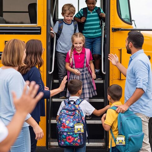 Novabright 50 Pcs Parent Pickup Child Bus Rider Backpack Tags - 3.69 x 4.25 Inch Write-in Child Safe School Dismissal Bus Shaped Tags with Elastic Bands for School, Daycares in Kuwait
