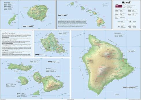 Hawaii Physical State Map - 23.3 x 16.5 Inches - Paper Laminated in Saudi Arabia