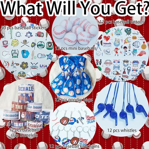 122 PCS Baseball Party Favors, Baseball Themed Goodie Bags with Key Chains, Mini Baseballs, Whistles, Tattoos and Stickers for Baseball Party Decorations Gifts, Birthday Party, Team Prizes in Saudi Arabia