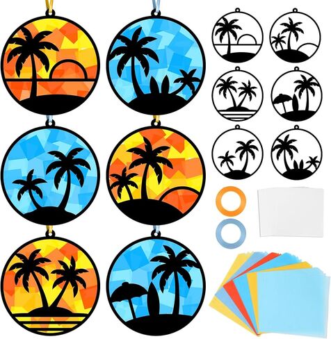24 Set Summer Suncatchers Crafts for Kids DIY Hawaiian Tropical Palm Tree Window Tissue Paper Crafts Kit Hanging Decor Bulk for Luau Beach Party School Classroom Activity Art Project Favor Gift in Saudi Arabia