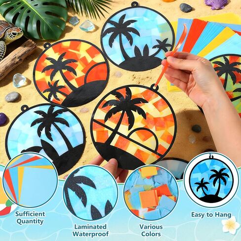 24 Set Summer Suncatchers Crafts for Kids DIY Hawaiian Tropical Palm Tree Window Tissue Paper Crafts Kit Hanging Decor Bulk for Luau Beach Party School Classroom Activity Art Project Favor Gift in Saudi Arabia