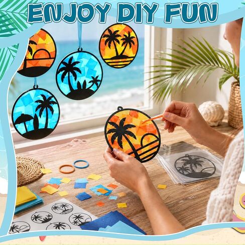 24 Set Summer Suncatchers Crafts for Kids DIY Hawaiian Tropical Palm Tree Window Tissue Paper Crafts Kit Hanging Decor Bulk for Luau Beach Party School Classroom Activity Art Project Favor Gift in Saudi Arabia