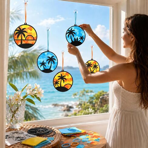 24 Set Summer Suncatchers Crafts for Kids DIY Hawaiian Tropical Palm Tree Window Tissue Paper Crafts Kit Hanging Decor Bulk for Luau Beach Party School Classroom Activity Art Project Favor Gift in Saudi Arabia
