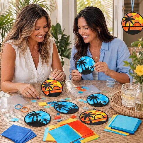 24 Set Summer Suncatchers Crafts for Kids DIY Hawaiian Tropical Palm Tree Window Tissue Paper Crafts Kit Hanging Decor Bulk for Luau Beach Party School Classroom Activity Art Project Favor Gift in Saudi Arabia