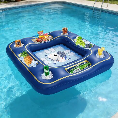 Floating Poker Table for Pool with Waterproof Playing Cards - 4 Person Inflatable Pool Games for Adults - Blue & Gold Premium Floating Card Table Set for Lake, River, and Swimming Party (40 inch) in Saudi Arabia