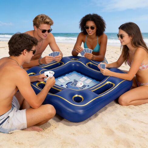 Floating Poker Table for Pool with Waterproof Playing Cards - 4 Person Inflatable Pool Games for Adults - Blue & Gold Premium Floating Card Table Set for Lake, River, and Swimming Party (40 inch) in Saudi Arabia