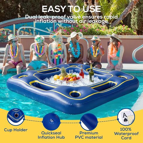 Floating Poker Table for Pool with Waterproof Playing Cards - 4 Person Inflatable Pool Games for Adults - Blue & Gold Premium Floating Card Table Set for Lake, River, and Swimming Party (40 inch) in Saudi Arabia