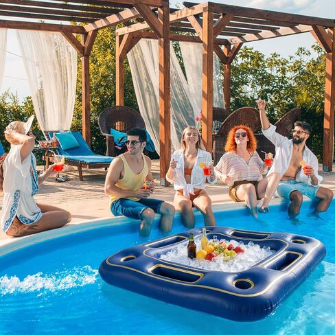 Floating Poker Table for Pool with Waterproof Playing Cards - 4 Person Inflatable Pool Games for Adults - Blue & Gold Premium Floating Card Table Set for Lake, River, and Swimming Party (40 inch) in Saudi Arabia