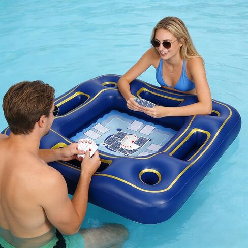 Floating Poker Table for Pool with Waterproof Playing Cards - 4 Person Inflatable Pool Games for Adults - Blue & Gold Premium Floating Card Table Set for Lake, River, and Swimming Party (40 inch) in Saudi Arabia