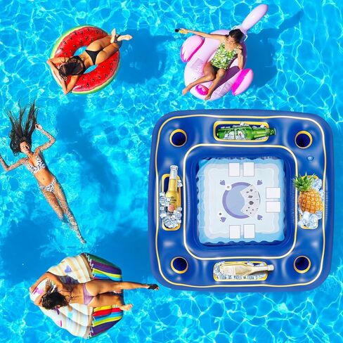 Floating Poker Table for Pool with Waterproof Playing Cards - 4 Person Inflatable Pool Games for Adults - Blue & Gold Premium Floating Card Table Set for Lake, River, and Swimming Party (40 inch) in Saudi Arabia