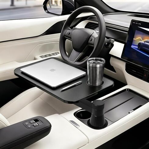 360° Rotating Car Desk Tray for Laptop and Food, Premium Leather Car Table with Built-in Cup Slot, Adjustable Vehicle Desk for Eating, Working, Road Trips, Fits Tesla Model Y/3/S&Most Cars(BLACK) in Kuwait