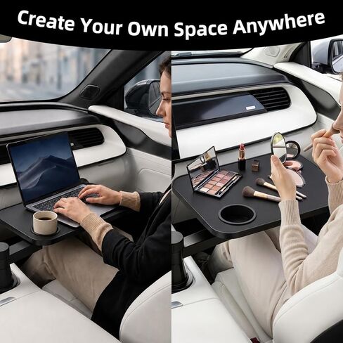 360° Rotating Car Desk Tray for Laptop and Food, Premium Leather Car Table with Built-in Cup Slot, Adjustable Vehicle Desk for Eating, Working, Road Trips, Fits Tesla Model Y/3/S&Most Cars(BLACK) in Kuwait
