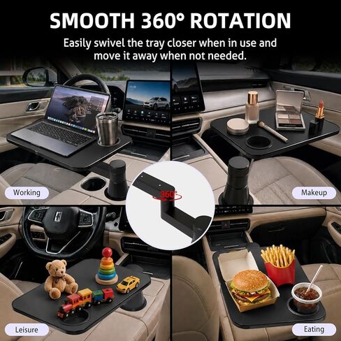 360° Rotating Car Desk Tray for Laptop and Food, Premium Leather Car Table with Built-in Cup Slot, Adjustable Vehicle Desk for Eating, Working, Road Trips, Fits Tesla Model Y/3/S&Most Cars(BLACK) in Kuwait