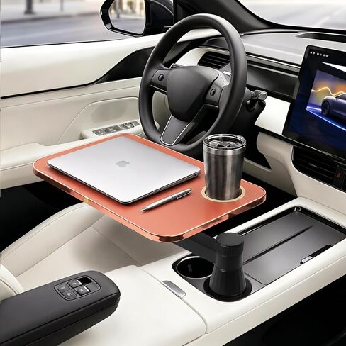 360° Rotating Car Desk Tray for Laptop and Food, Premium Leather Car Table with Built-in Cup Slot, Adjustable Vehicle Desk for Eating, Working, Road Trips, Fits Tesla Model Y/3/S&Most Cars(BLACK) in Kuwait