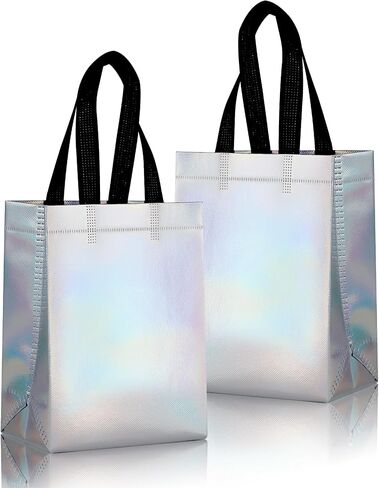 JCBZAMZ 25 Pack Iridescent Reusable Gift Bags with Handles Bulk, Holographic Rainbow Small Gift Bag for Women Kids, Eco-Friendly Non-Woven Party Favor Goodie Bags for Birthday, Valentine, Baby Shower, Wedding Treats in Saudi Arabia