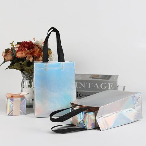JCBZAMZ 25 Pack Iridescent Reusable Gift Bags with Handles Bulk, Holographic Rainbow Small Gift Bag for Women Kids, Eco-Friendly Non-Woven Party Favor Goodie Bags for Birthday, Valentine, Baby Shower, Wedding Treats in Saudi Arabia