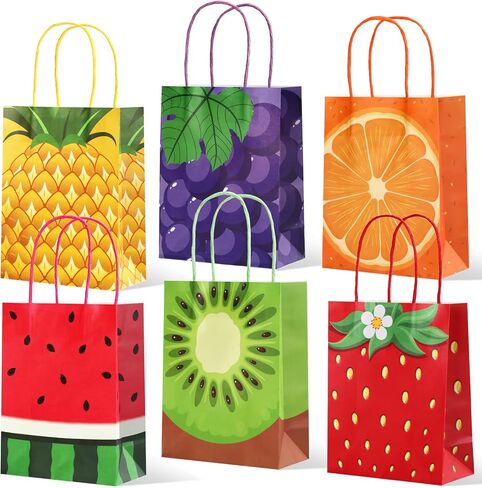 24 قطعة من أكياس هدايا حفلات الفاكهة من Talew مع مقابض حقائب هدايا ورقية صيفية من Tutti Frutti لحفلات أعياد الميلاد وحفلات استقبال المولود الجديد (بطيخ كيوي فراولة برتقالي) in Kuwait