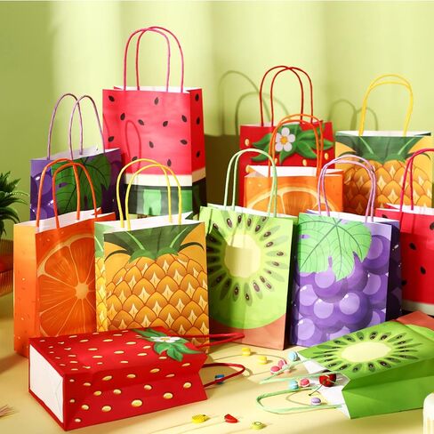 24 قطعة من أكياس هدايا حفلات الفاكهة من Talew مع مقابض حقائب هدايا ورقية صيفية من Tutti Frutti لحفلات أعياد الميلاد وحفلات استقبال المولود الجديد (بطيخ كيوي فراولة برتقالي) in Kuwait