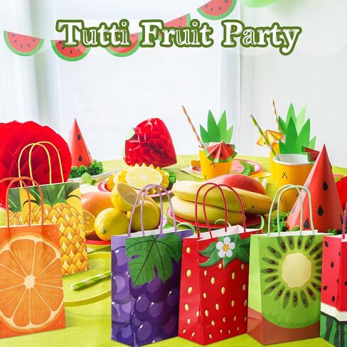 24 قطعة من أكياس هدايا حفلات الفاكهة من Talew مع مقابض حقائب هدايا ورقية صيفية من Tutti Frutti لحفلات أعياد الميلاد وحفلات استقبال المولود الجديد (بطيخ كيوي فراولة برتقالي) in Kuwait